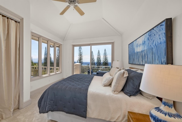 bedroom featuring access to exterior, lofted ceiling, light carpet, ceiling fan, and baseboards