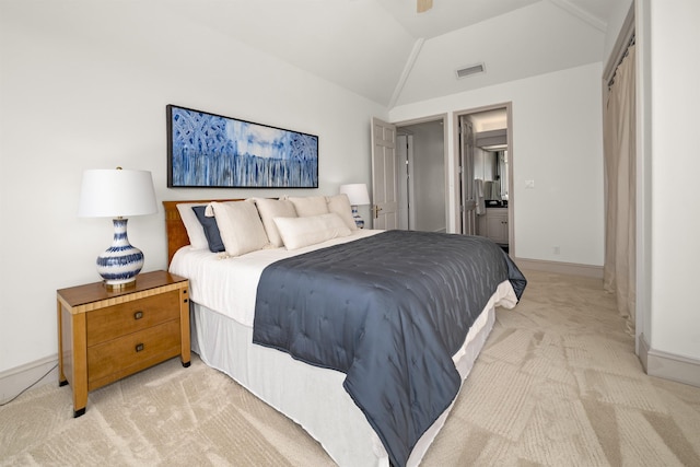 bedroom featuring light carpet, lofted ceiling, visible vents, and baseboards