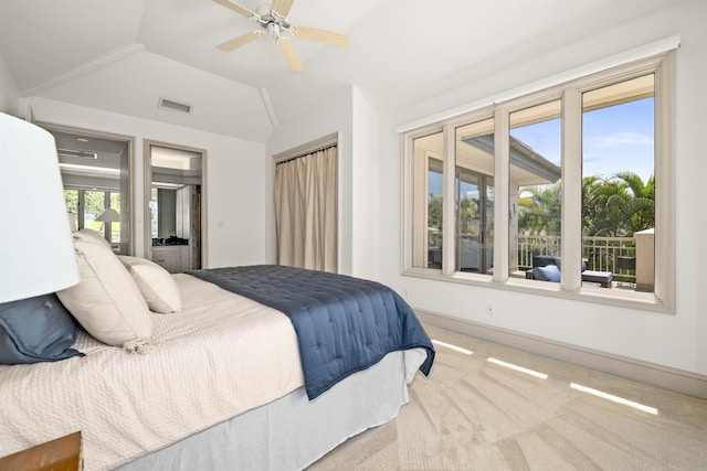 bedroom featuring lofted ceiling, light colored carpet, visible vents, a ceiling fan, and baseboards