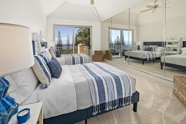 bedroom with lofted ceiling, access to exterior, and ceiling fan