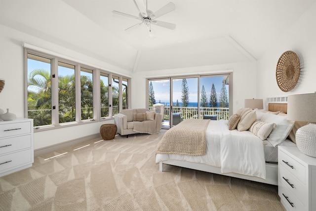 bedroom featuring lofted ceiling, light carpet, ceiling fan, access to outside, and baseboards