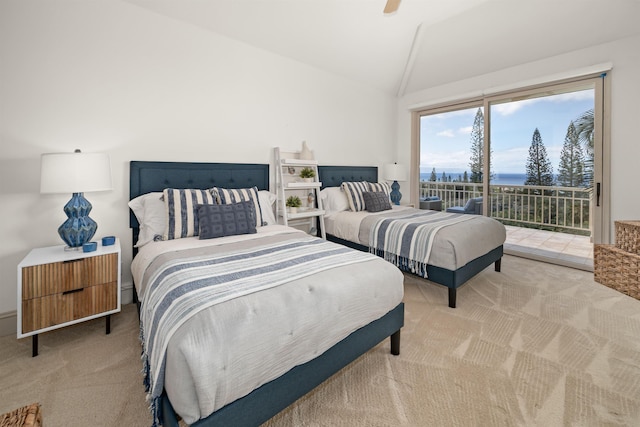 bedroom featuring a ceiling fan, lofted ceiling, access to outside, and light carpet