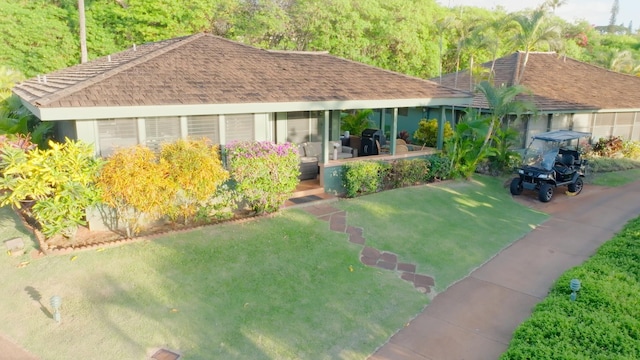 back of property with a shingled roof and a yard