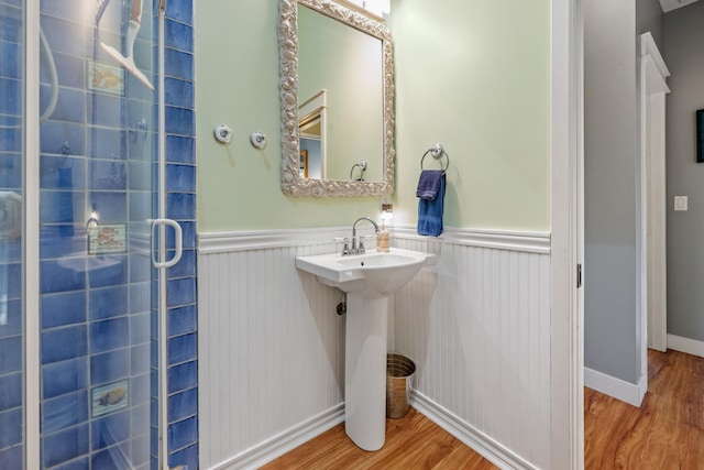 full bathroom featuring a sink, a wainscoted wall, and wood finished floors