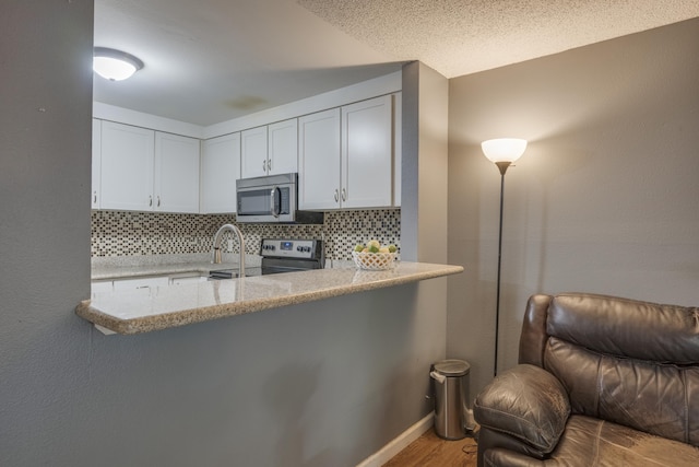 kitchen with wood finished floors, stainless steel appliances, a peninsula, and backsplash