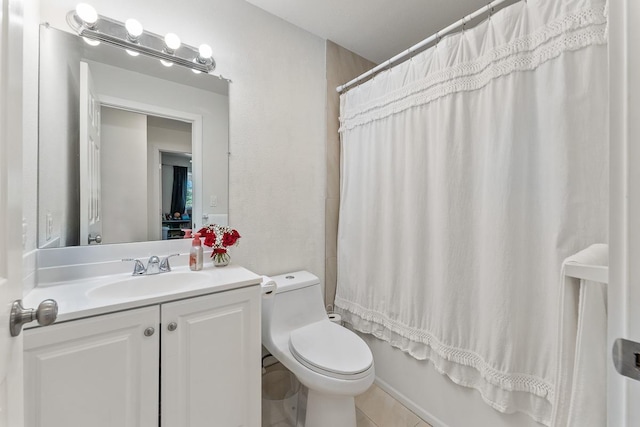 bathroom featuring vanity, tile patterned floors, toilet, and shower / tub combo with curtain