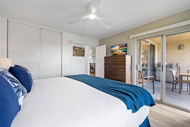 bedroom featuring light hardwood / wood-style flooring, access to outside, and ceiling fan