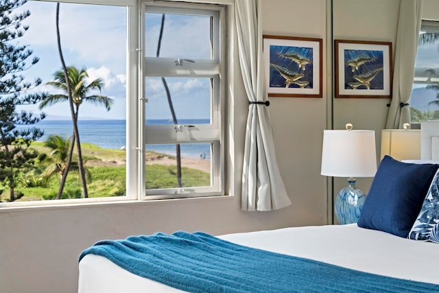 bedroom with multiple windows and a water view