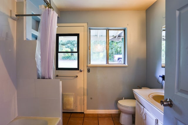 full bathroom with toilet, shower / bath combination with curtain, vanity, and tile patterned floors