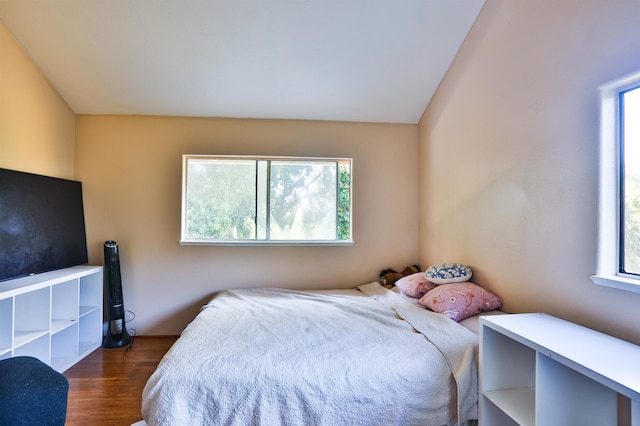 bedroom featuring vaulted ceiling and dark hardwood / wood-style flooring