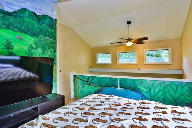 bedroom featuring vaulted ceiling and ceiling fan