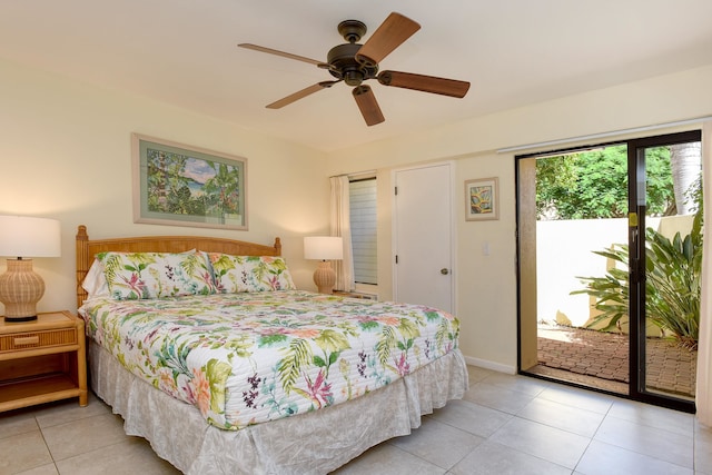 bedroom featuring light tile patterned flooring, ceiling fan, and access to outside