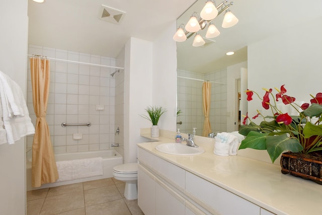 full bathroom featuring toilet, vanity, tile patterned flooring, and shower / bathtub combination with curtain