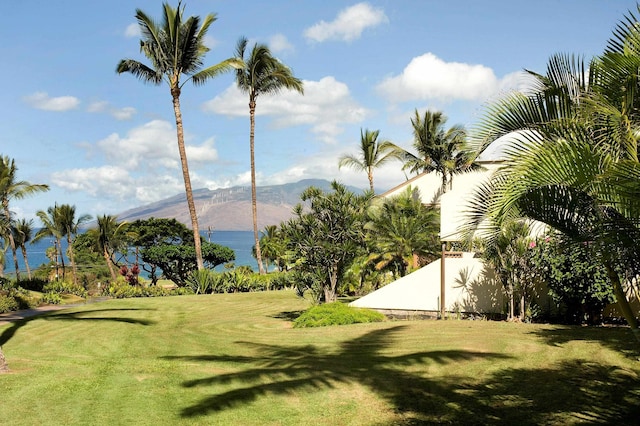 view of property's community featuring a water and mountain view and a lawn