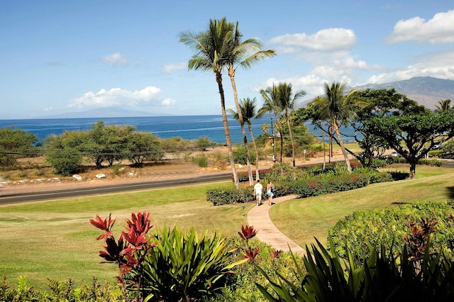 surrounding community with a lawn and a water view