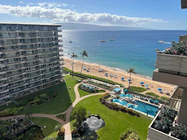 property view of water featuring a beach view