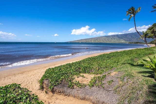 view of water feature with a mountain view and a view of the beach