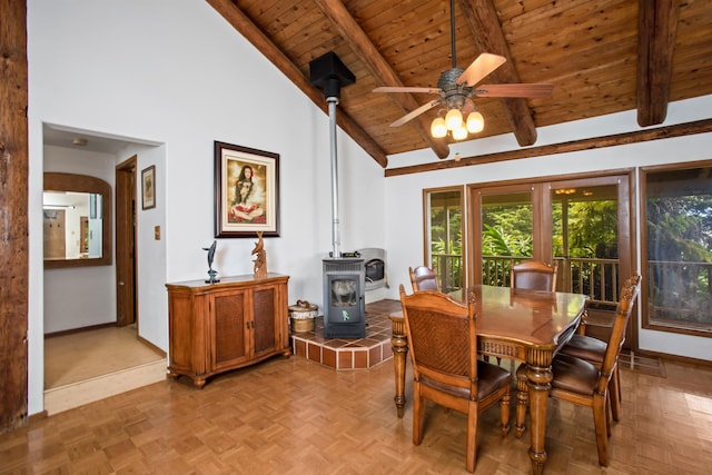1160 Ehu Rd, Makawao, HI 96768 - dining room with a wood stove, a wood ceiling with exposed beams, high vaulted ceiling, and ceiling fan