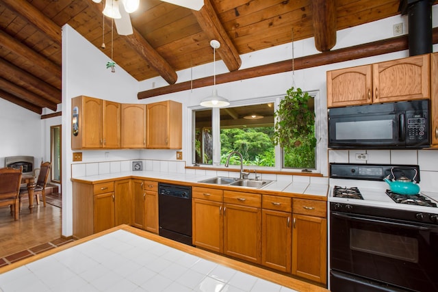 1160 Ehu Rd, Makawao, HI 96768 - kitchen featuring black appliances, tile countertops, wooden ceiling, ceiling fan, and backsplash
