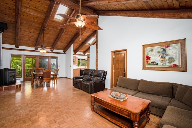 1160 Ehu Rd, Makawao, HI 96768 - living area featuring a wood stove, a wooden ceiling with exposed beams, ceiling fan, plenty of natural light, and high vaulted ceiling