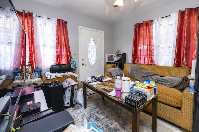 interior space featuring a ceiling fan