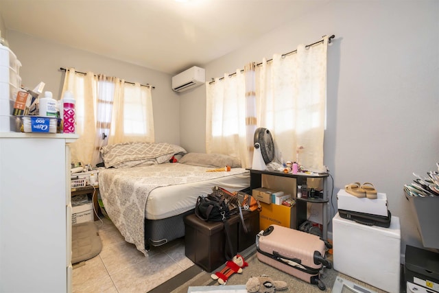 tiled bedroom with an AC wall unit
