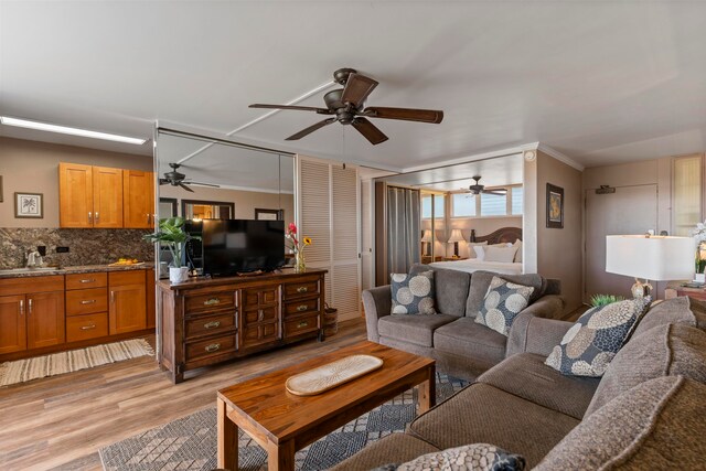 living room featuring light hardwood / wood-style flooring and sink