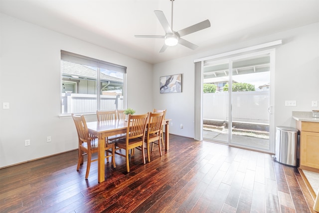 dining space featuring dark wood-style flooring, plenty of natural light, and a ceiling fan