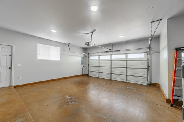 garage with a garage door opener, baseboards, and recessed lighting