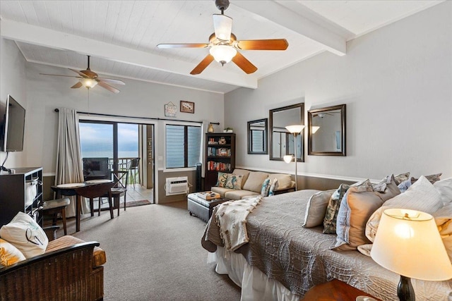 bedroom with ceiling fan, beam ceiling, carpet floors, and access to outside