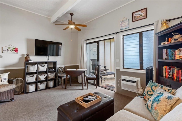 carpeted living room featuring ceiling fan, a wall mounted AC, and beam ceiling