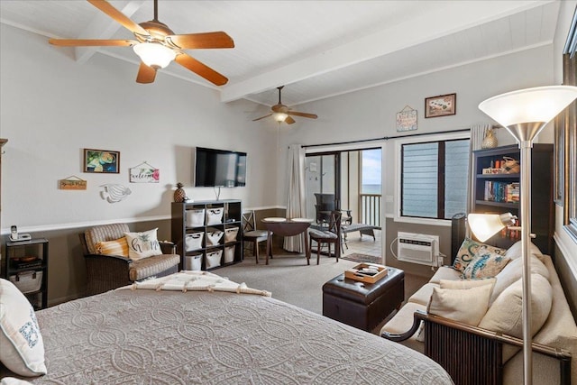 bedroom with ceiling fan, an AC wall unit, beamed ceiling, and carpet flooring