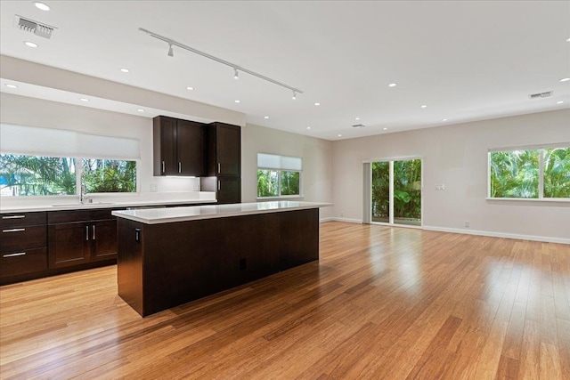 kitchen with visible vents, plenty of natural light, a sink, light wood-style floors, and a center island