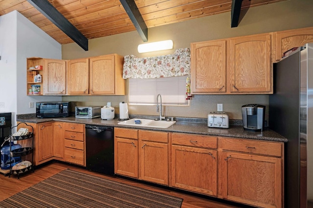 kitchen with sink, dark hardwood / wood-style floors, wooden ceiling, and black appliances