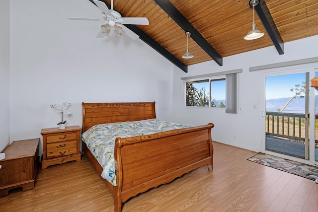 bedroom featuring access to exterior, light wood-type flooring, wood ceiling, ceiling fan, and lofted ceiling with beams