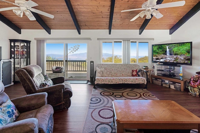 living room featuring lofted ceiling with beams, ceiling fan, wood ceiling, and hardwood / wood-style flooring