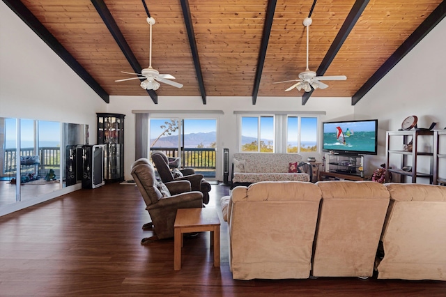 living room with beam ceiling, dark hardwood / wood-style flooring, wooden ceiling, and high vaulted ceiling