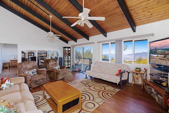 living room with dark wood-type flooring, a healthy amount of sunlight, and wood ceiling