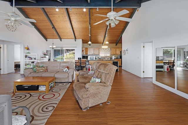 living room with high vaulted ceiling, track lighting, hardwood / wood-style flooring, beamed ceiling, and wood ceiling