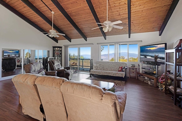 living room featuring beam ceiling, ceiling fan, wood ceiling, and dark hardwood / wood-style floors