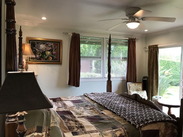 bedroom featuring crown molding and ceiling fan