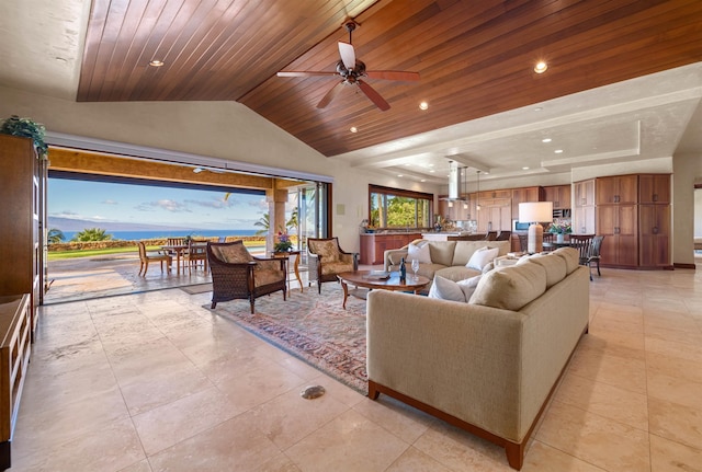 tiled living room featuring wood ceiling, lofted ceiling, and ceiling fan