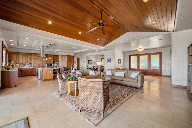 living room with french doors, light tile patterned floors, lofted ceiling, wooden ceiling, and ceiling fan