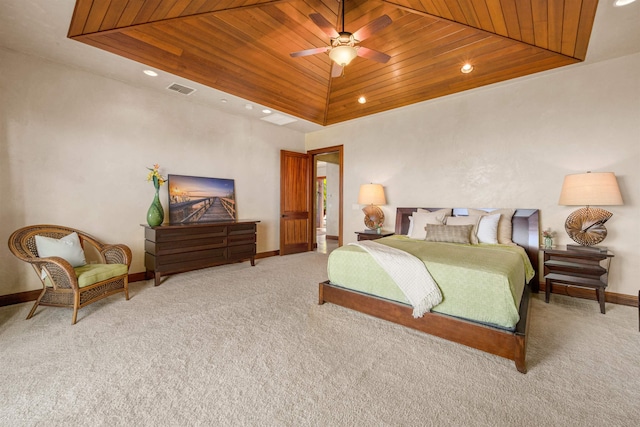 carpeted bedroom with wooden ceiling and ceiling fan