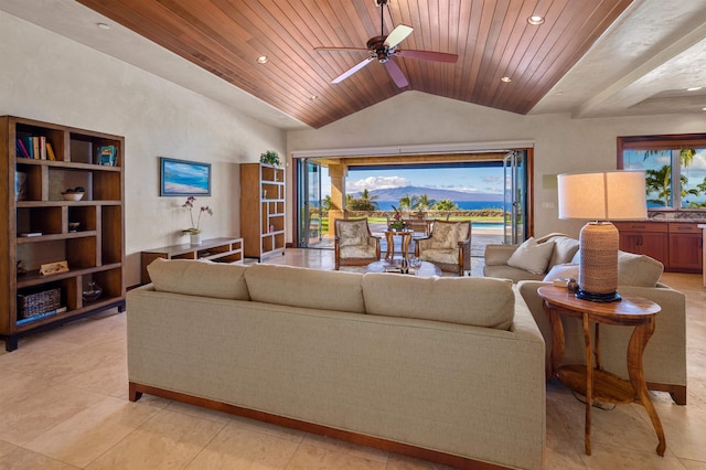 tiled living room with wooden ceiling, ceiling fan, and lofted ceiling