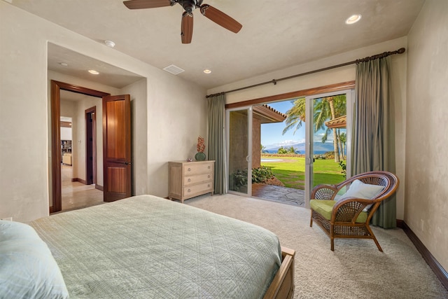 carpeted bedroom featuring ceiling fan and access to exterior