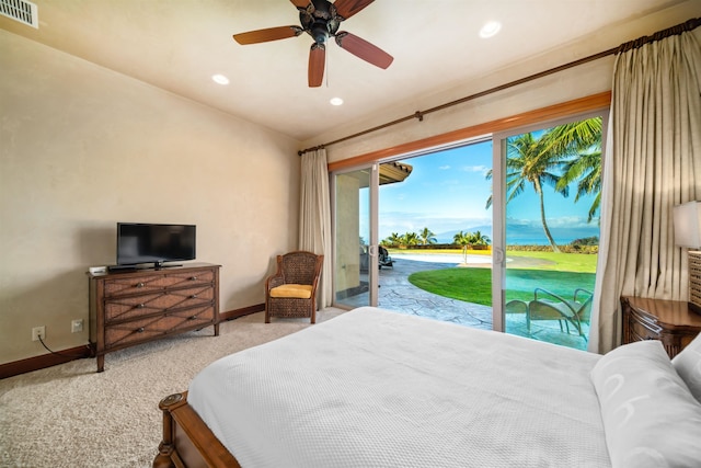 carpeted bedroom featuring ceiling fan and access to exterior