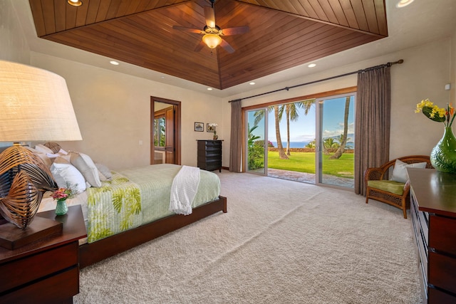 bedroom with ceiling fan, wooden ceiling, access to exterior, and carpet flooring