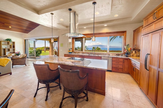 kitchen featuring stainless steel dishwasher, hanging light fixtures, light stone counters, and paneled built in refrigerator