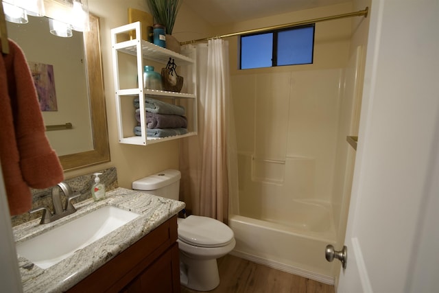 full bath featuring shower / bathtub combination with curtain, vanity, toilet, and wood finished floors